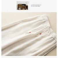Pantalones de lino y algodón de cintura alta para mujer, pantalón de pierna ancha, largo, elástico, informal, liso, bordado, moda coreana, 2024 - details 5