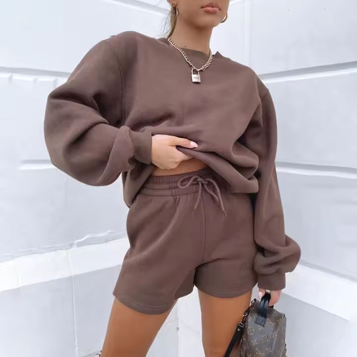 Wind Conjunto de pantalones cortos y sudadera con cuello redondo informal holgado de Color puro para mujer - 1