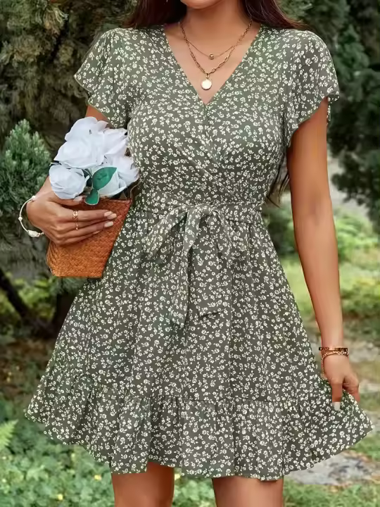 Vestido de manga corta con cuello en V y lazo floral de cintura alta estilo francés de verano para mujer - 1