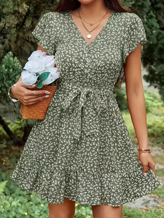 Vestido de manga corta con cuello en V y lazo floral de cintura alta estilo francés de verano para mujer - 1