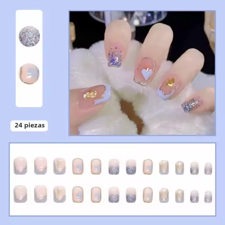 Uñas Postizas Cuadradas Cortas De Presión Con Diseño De Corazón En Color Nude Con 1 Gel Jelly Y 1 Archivo De Uñas - 1