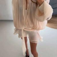 Mini Vestidos elegantes lisos con blusa para mujer, cuello en V, manga larga, empalmado con cordones, vestido de estilo dulce, novedad de 2025, Vestidos de fiesta callejera - details 13