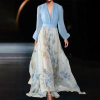 2025 Nueva Ropa mujer, Vestido largo estampado cuello pico, Azul - details 2