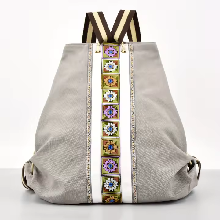 Mochila de gran capacidad, diseño de bordado floral vintage, correas de hombro ajustables con cierre a presión, mochila de viaje plegable - 1