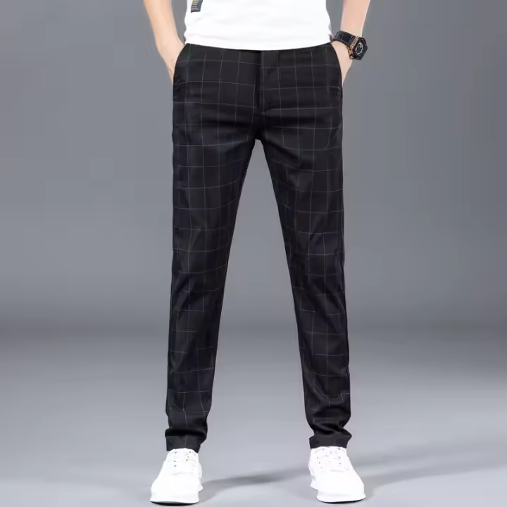Calidad verano fino Casual a cuadros pequeño occidental largo recto pierna adelgazante pantalones de hombre adolescente - 1