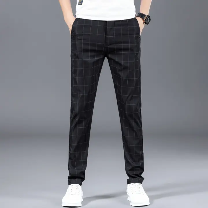 Calidad verano fino Casual a cuadros pequeño occidental largo recto pierna adelgazante pantalones de hombre adolescente - 1