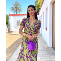 Falda de estampado plisado de moda femenina elegante vestido ajustado de cuello en V de manga corta - details 13