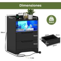 Mesitas de Noche con luces LED y Estación de Carga (2 Tomas AC, 2 Puertos USB) Mesita de Noche Blanca Mesas Auxiliares con 1 compartimento abierto y 2 cajones para Dormitorio Salón - details 11