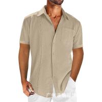 Camisa de algodón y lino de manga corta para hombre, casual, de color sólido, con encaje, de Mov Summer. - details 4