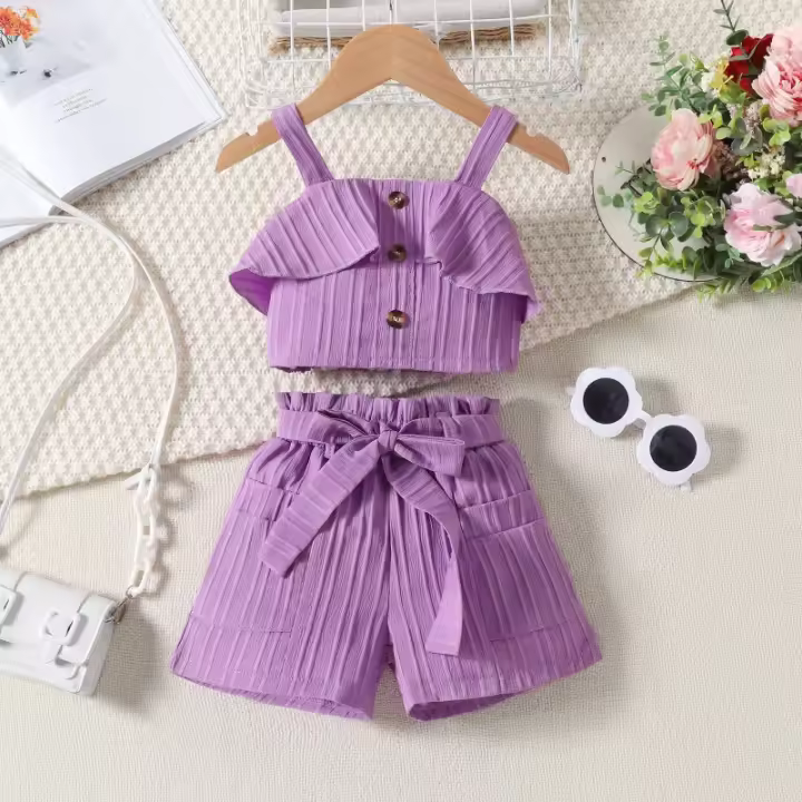 Verano nuevas niñas color sólido con tirantes plisados + conjunto de pantalones cortos con bolsa abierta - 1