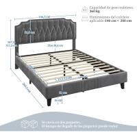 Tapizado en terciopelo Cama de matrimonio con cabecera ajustable en altura Marco de cama Soporte con listones de madera 160 × 200 cm Beige - details 37