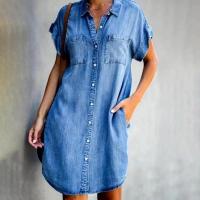 Novedad de verano, vestido camisero de un solo pecho, informal holgado con bolsillo para mujer, Falda corta de mezclilla Retro Simple para trabajo de oficina - details 1