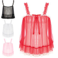 Picardías transparentes sexis para mujer, Top de malla transparente con tirantes y volantes, camisola con ribete de encaje y lazo, lencería, ropa de dormir tentadora para discoteca - details 1