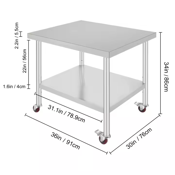 SucceBuy Mesa de trabajo de acero inoxidable 24 x 18 x 34 pulgadas Capacidad de carga de 700 libras 4 ruedas 3 niveles de altura ajustables Mesa de trabajo de preparación de alimentos resistente Cocina comercial Restaurante Plata - 1