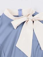 Vestido de Parche de Dos Tonos Vintage con Cuello de Lazo Manga Corta de Verano - details 8