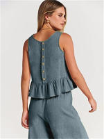 Conjunto casual de verano para mujer, top sin mangas plisado y pantalones cortos de pierna ancha - details 35