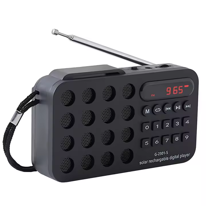 Mini Radio FM portátil de bolsillo, altavoces inalámbricos con carga Solar, compatible con reproducción de tarjetas USB TF, receptor de Radio FM compatible con Bluetooth - 1