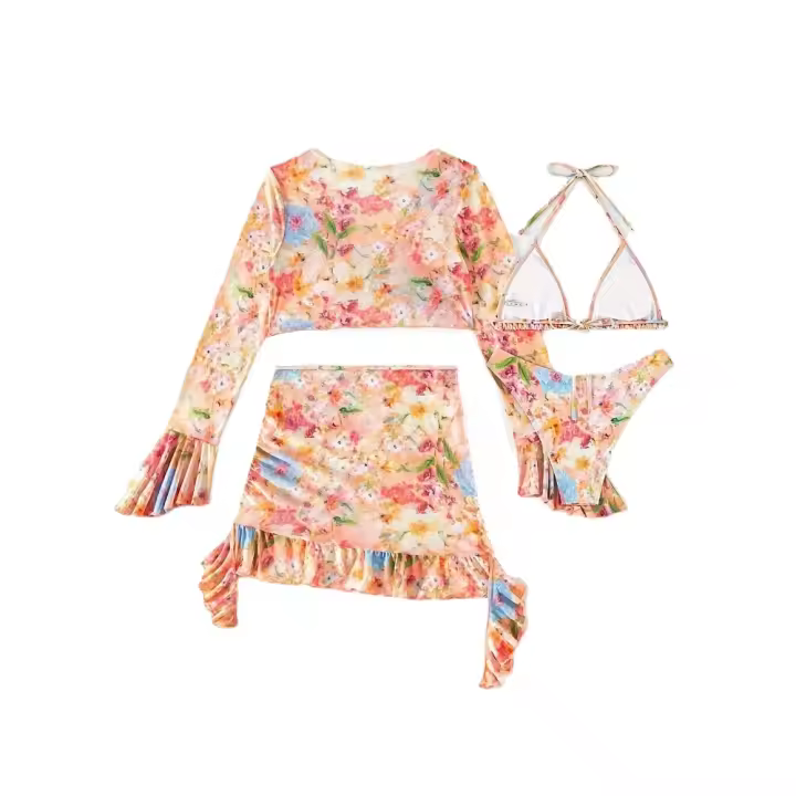 Bikini de 4 Piezas con Estampado Floral Top Halter con Escote en V Alto y Mangas Largas Camisa de Cubrir y Falda para Mujeres Moda - 1