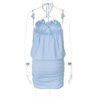 Conjunto de dos piezas de moda femenina estilo Ins para verano: top halter con lazo y falda plisada ajustada. - details 16