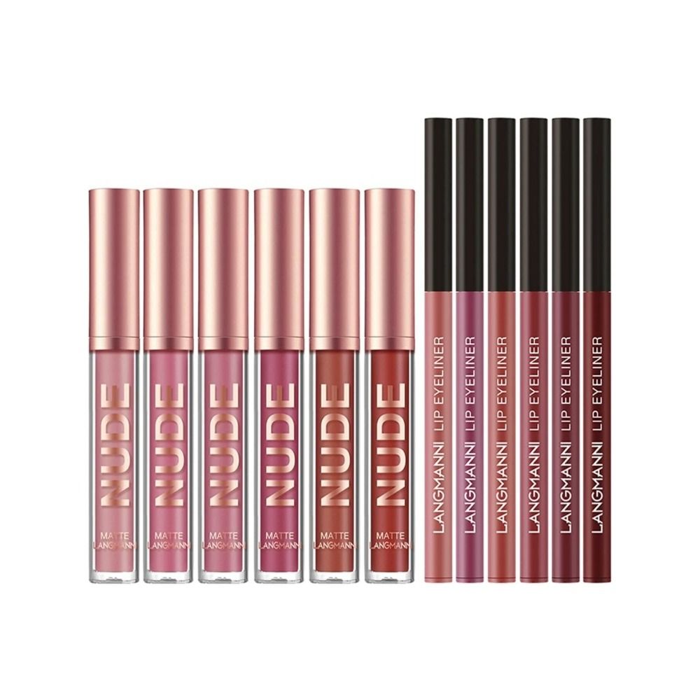 Juego De 6 Piezas De Brillo De Labios Mate Aterciopelado + Delineador De Labios Lã¡Piz Labial Impermeable Lápiz Delineador De Labios Suave Juego De Mejora De Labios Maquillaje