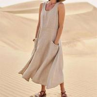 Vestido sin tirantes de lino y algodón para mujer, vestidos de colores lisos con bolsillos laterales dobles, vestido informal de verano - details 3