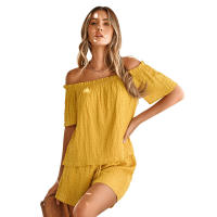 Conjunto de dos piezas de manga corta holgado de color sólido con hombros descubiertos informal para mujer, nueva colección primavera verano - details 26
