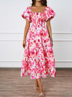 Vestido de manga de burbuja con falda mullida estampada con cuello de una línea de estilo nuevo de verano para mujer - details 4