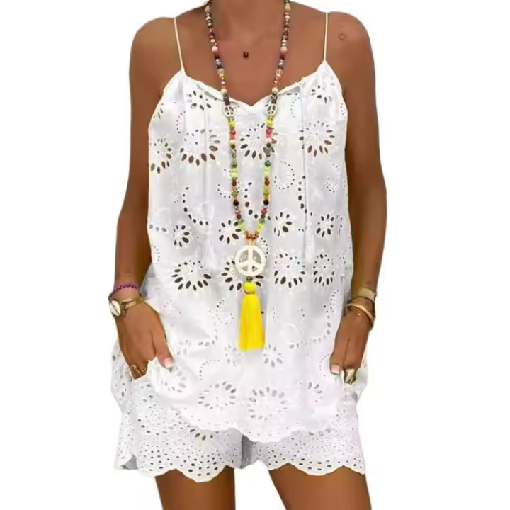 Nuevo Conjunto de Dos Piezas para Mujer Estilo Informal con Cuello en V sin Mangas, Top Bordado, Conjunto de Pantalones Cortos - 1
