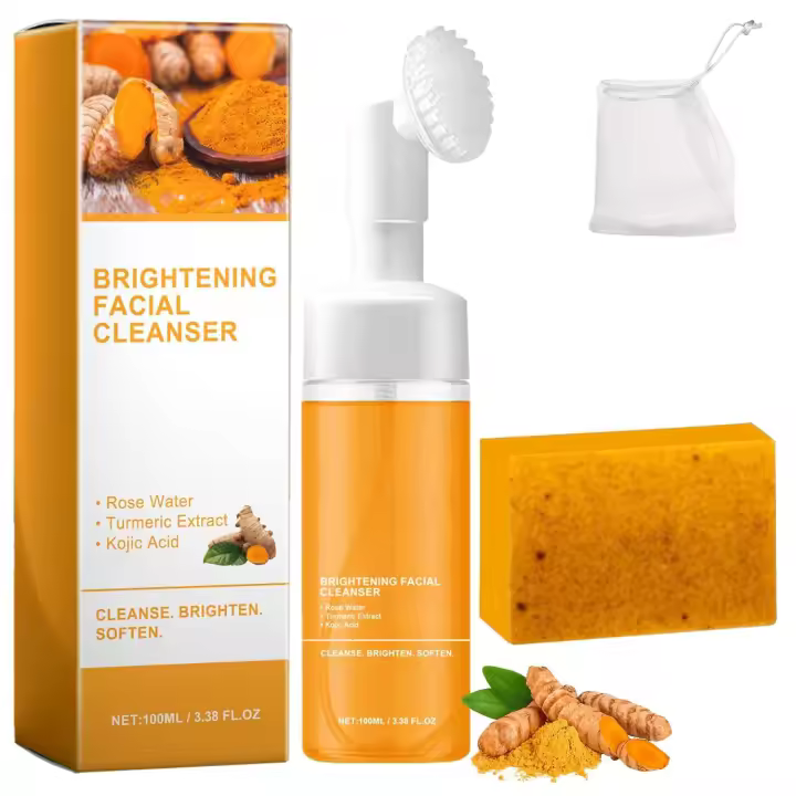 Juego de dos piezas de lavado y cuidado, mousse limpiadora, limpiador facial, jabón de limón kójico de cúrcuma, para todo tipo de piel, trae una red de burbujas - 1