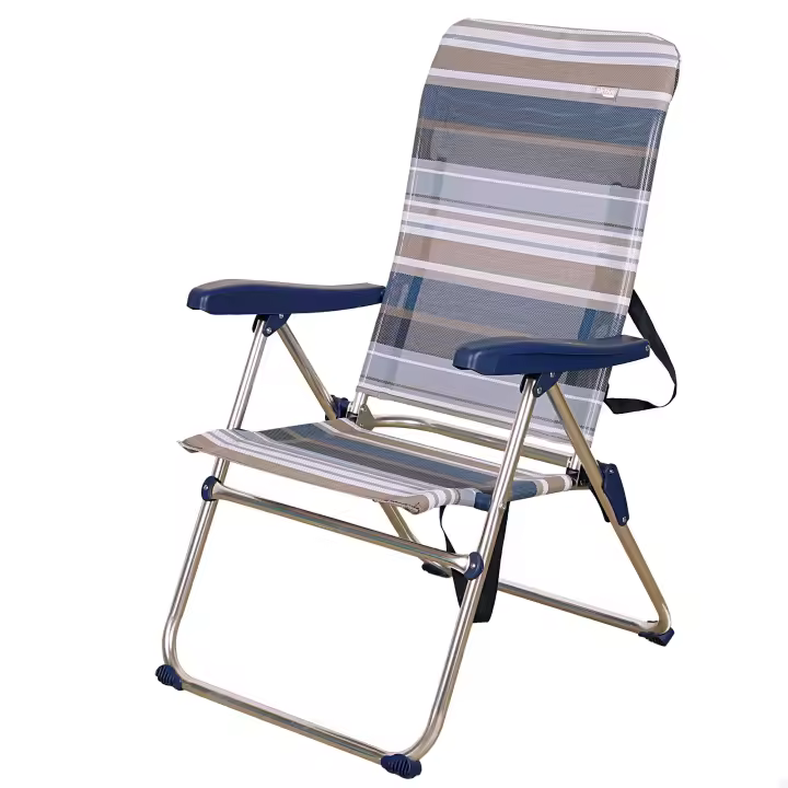 Silla plegable de playa alta 5 posiciones a rayas azules y grises - 1