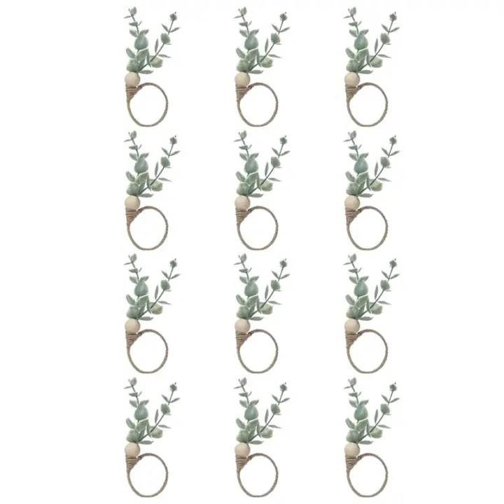 Juego de 12 anillos de servilleta de madera de eucalipto rústico, soporte de anillo de servilleta de granja de cuentas de madera de hoja Bohemia - 1