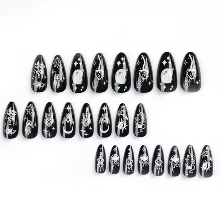 Elegante Arte de Uñas de Dibujos Animados Negro Brillante Kit de 24 Puntas con Pegamento de Gelatina para Mujeres y Niñas - 1