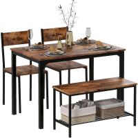 Juego de comedor de 4 piezas con mesa, 2 sillas y 1 banco. Conjunto de muebles de cocina de madera con estructura de acero. - details 0