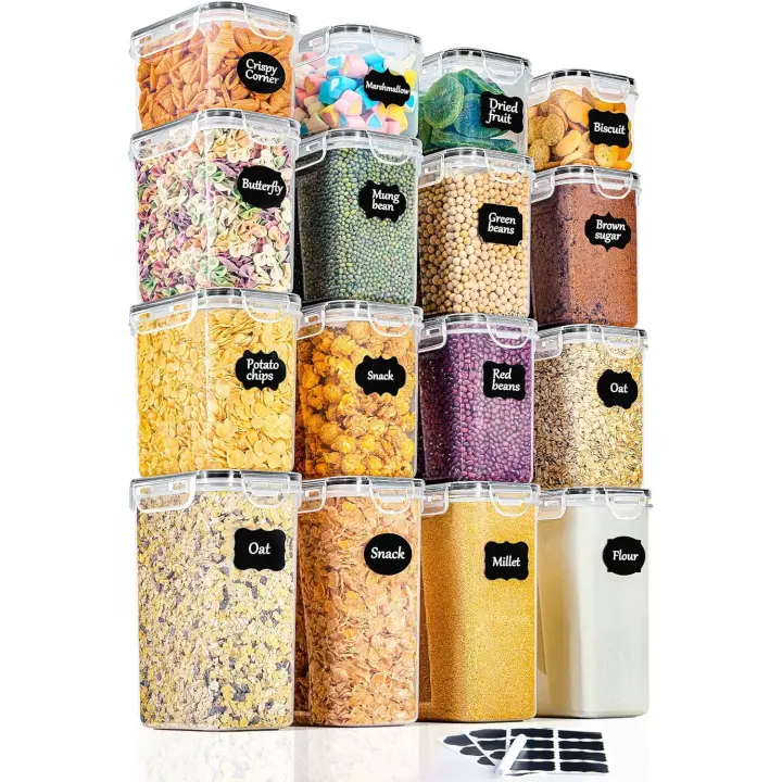 GoMaihe Botes Cocina, juego de 16 piezas de recipientes de cocina de plástico para almacenamiento de alimentos sellados con tapa, se utiliza para almacenar cereales, arroz, harina, etc. - 1