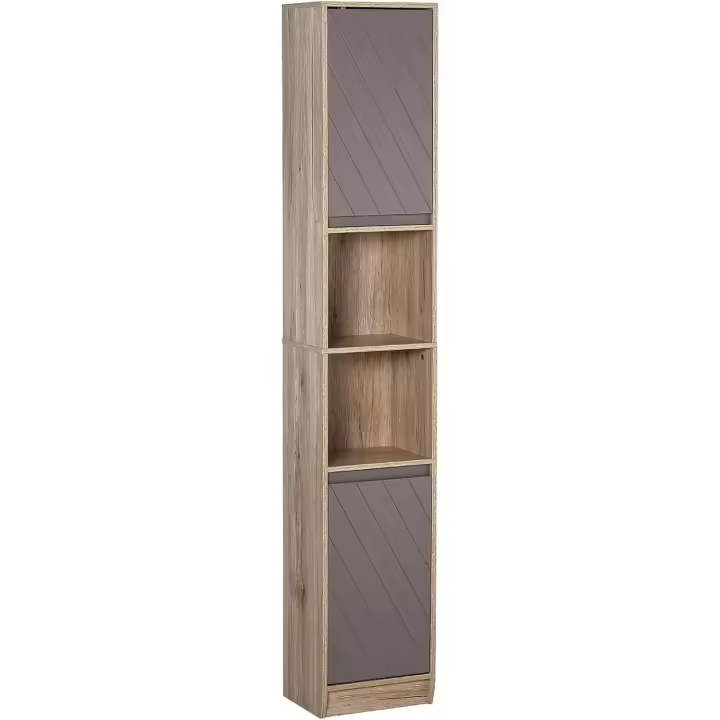 Armario Alto para Baño Columna de Baño con 2 Puertas y 2 Estantes Abiertos Mueble Auxiliar de Almacenaje para Salón Recibidor 30x24x170 cm Roble y Gris - 1