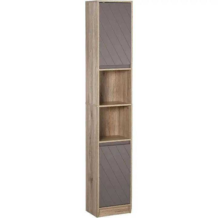Armario Alto para Baño Columna de Baño con 2 Puertas y 2 Estantes Abiertos Mueble Auxiliar de Almacenaje para Salón Recibidor 30x24x170 cm Roble y Gris - 1
