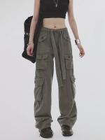 Pantalones vaqueros de pierna ancha holgados grises, ropa de calle de cintura alta, pantalones Cargo para mujer, pantalones Hippie para correr, ropa - details 1
