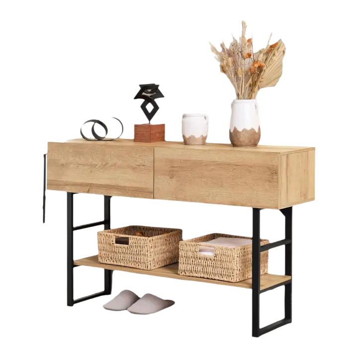 Mueble Consola de Mesa de Entrada de Metal Prensado 2 Cajones y Estante Regulable en Altura - 1