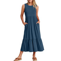 Vestido de verano informal sin mangas con cuello redondo para mujer, vestido largo de playa con gradas, trajes de vacaciones - details 7