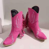 Fabricante de botas de vaquero con tacón de 6cm de cuero PU con cabeza cuadrada y tobillo occidental grande con borla y correa - details 4
