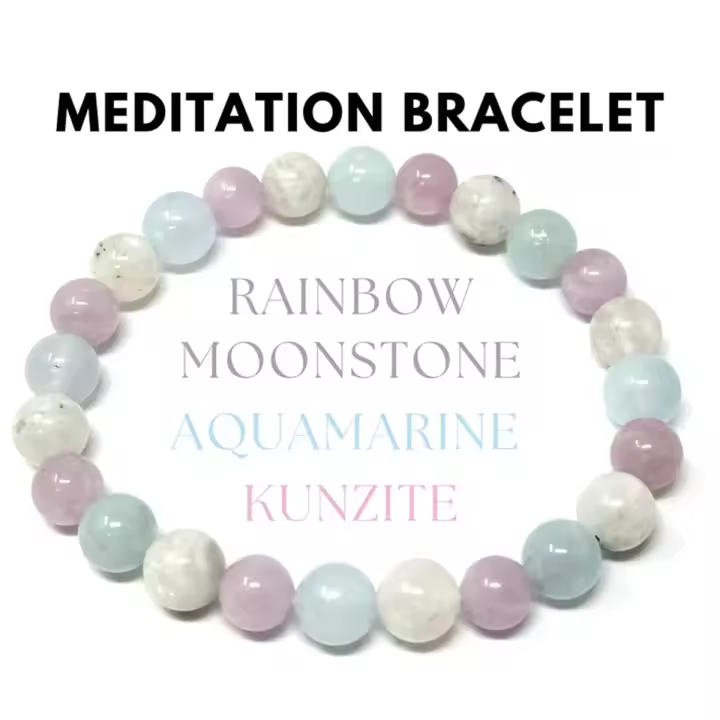 Pulsera de meditación Aguamarina Arco Iris Piedra lunar Kunzita Pulsera de meditación de conexión a tierra Regalos para hombres y mujeres - 1