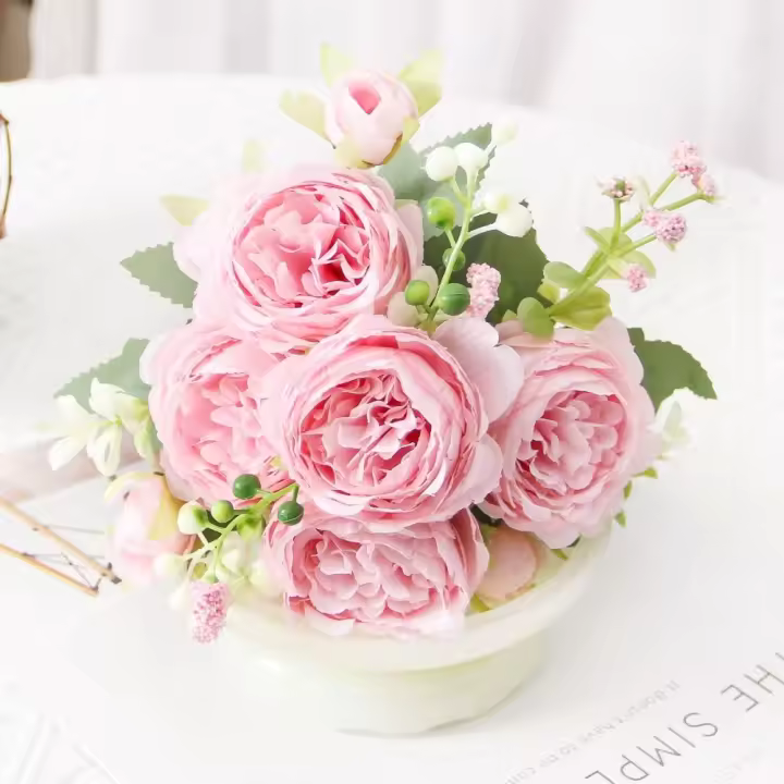 Rosa blanca pequeña peonías para decoración del hogar, flores falsas rosas realistas, hermosas flores artificiales, jardín de bodas - 1