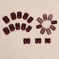 24pcs Uñas Postizas Redondas Cortas De Terciopelo Para Mujeres Y Niñas Para Uso Diario Y Fiestas Uñas Falsas Brillantes De Color Vino Sólido - details 1