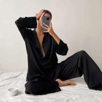 Conjunto de pijama sexy para mujer Bo Cut, tres pantalones informales sueltos de manga larga, top cómodo para el hogar de seda satinada suave, 2 piezas - details 23