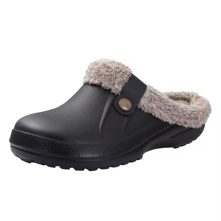 Zuecos de piel para mujer, zapatillas de moda peludas para hombre, calzado para jardín, zapatos de casa impermeables para exteriores, zapatos de trabajo antideslizantes para invierno para hombre - 1