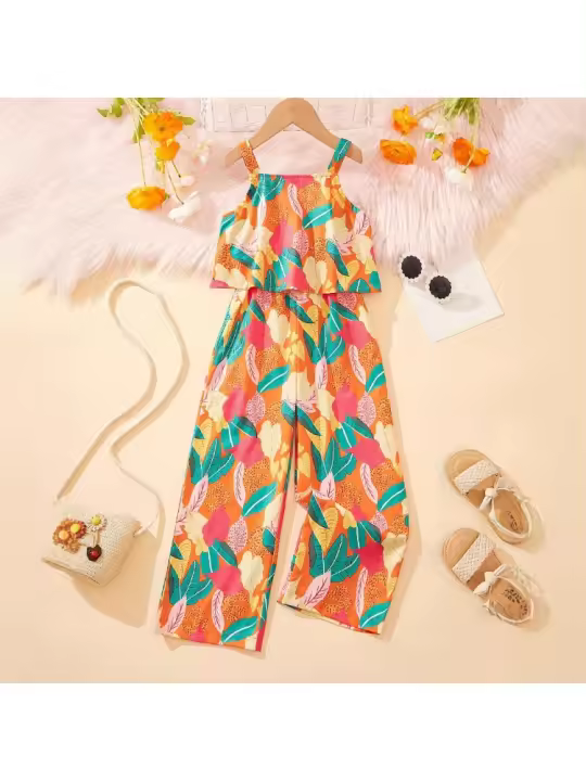 Vestido de verano de mono informal de moda con estampado de flores tropicales de moda para niñas - 1