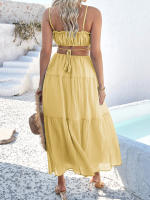 2025 primavera y verano casual color sólido estilo bohemio de vacaciones vestido de tirantes de empalme de cintura alta - details 7