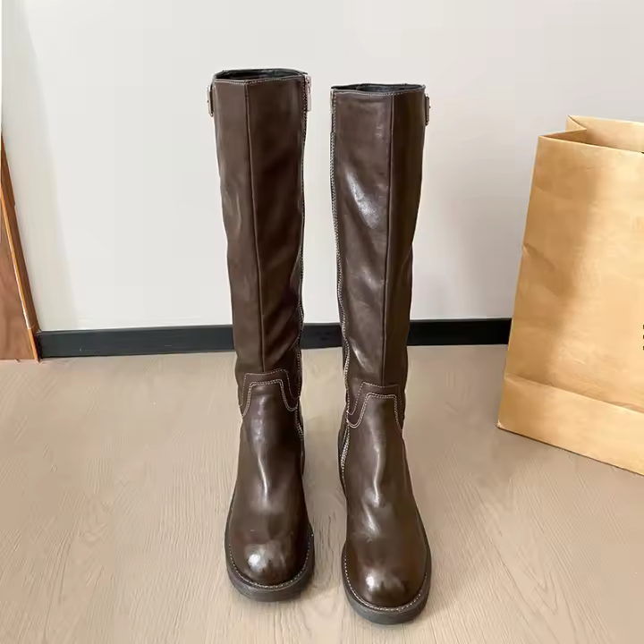 Nueva plataforma retro caballero botas ensanchadas de tubo alto de cuero suave plisado de tacón alto - 1