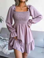 Vestido elegante de manga larga para mujer, falda con cuello cuadrado, vestido con volantes de color sólido, moda de primavera y otoño - details 20