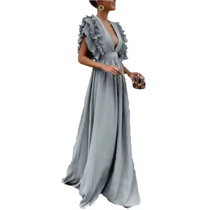 Vestido largo de color sólido para mujer con diseño de mangas voladas, cuello en V y escote trasero descubierto, ideal para eventos de cena. - 1